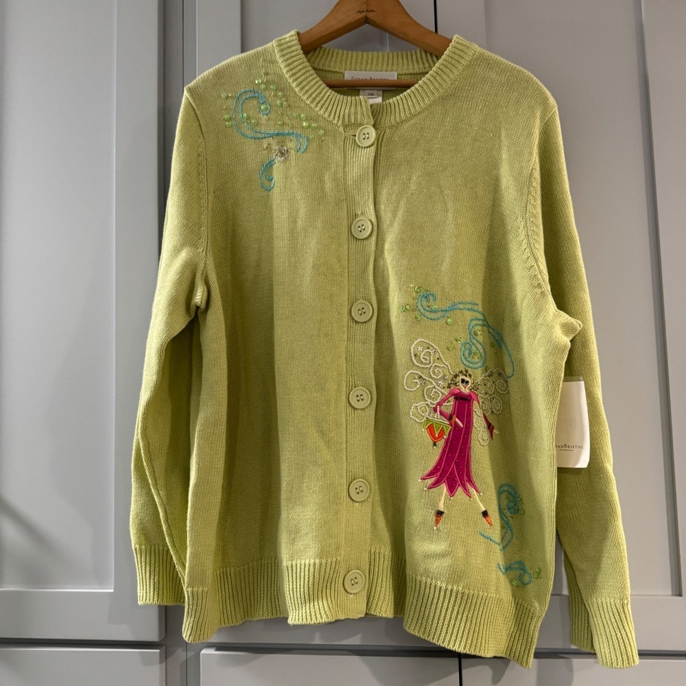 NWT Susan Bristol Light Green Fairy Embroidered Cardigan Sweater Size 1W